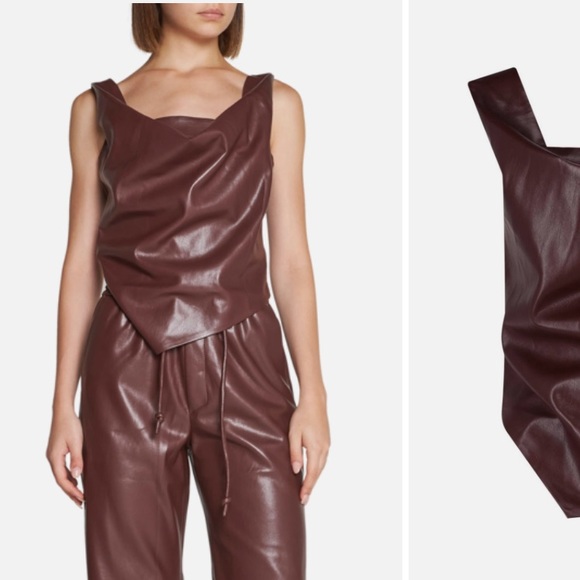 NWT Nanushka Petra Draped Sleeveless Asymmetrical Tank Top Brown Vegan Leather - Picture 6 of 16